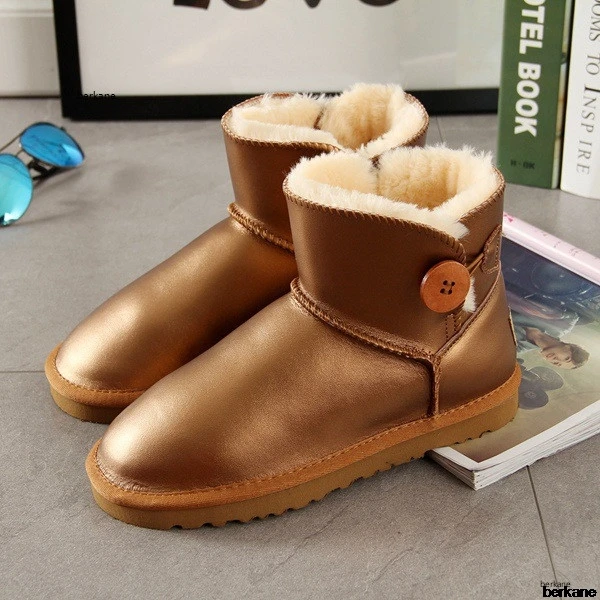 

Gold Genuine Split LeatherAnkle Snow Boots Waterproof Fur Button 2019 Plush Female Winter Warm Shoes Snowboots Flats 48 Short