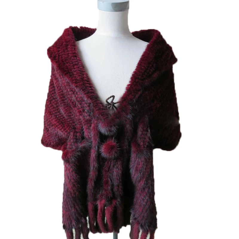 

Wholesale/Retail Shawls Women Real Mink Knitted Fur Female Winter Warm Cape Lanterns Scarf Purple Red