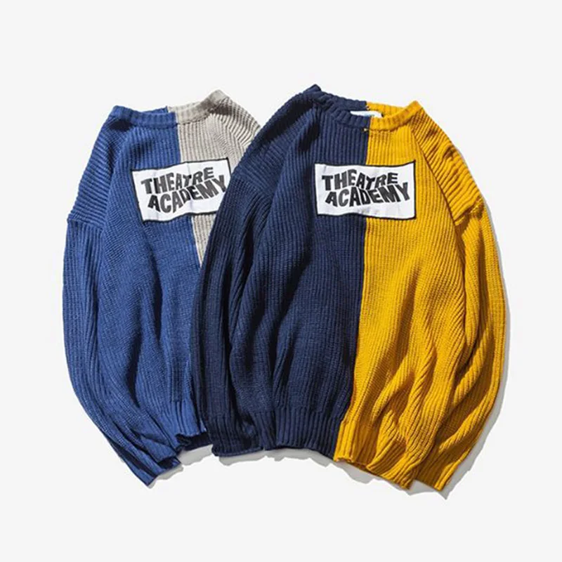 New Color Block Patchwork Knit Sweaters Mens 2018 Hip Hop Winter Casual Pullover Sweater Male Fashion Loose Long Sleeve Sweaters