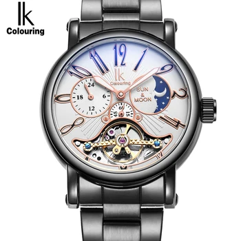 

IK Brand Mechanical Wrist Watches Men Moon Phase 24-Hour Dial Stainless Steel Bracelet Automatic Self-Wind Male Clock Wristwatch
