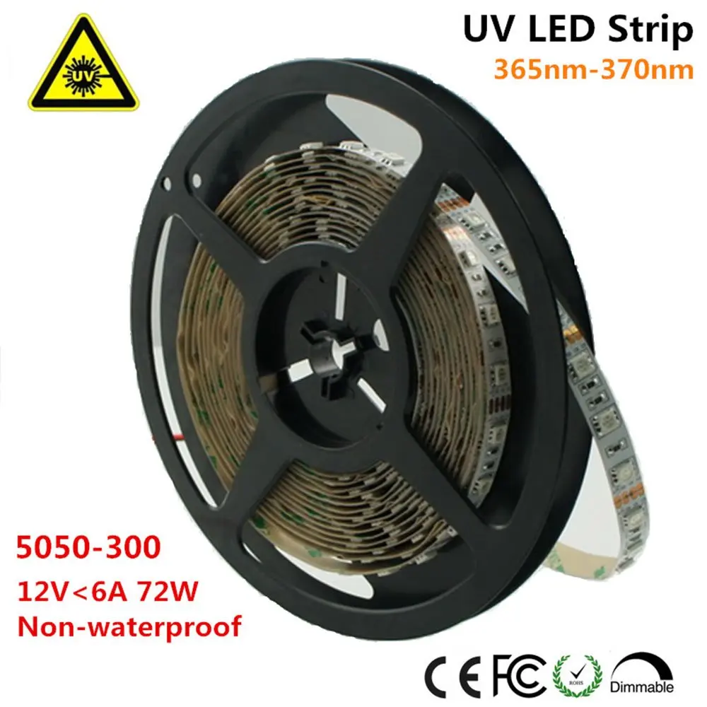 Ультрафиолетовая Светодиодная лента 365nm 370nm 16.4FT 72W 5M 12V SMD5050 300 светодиодов УФ