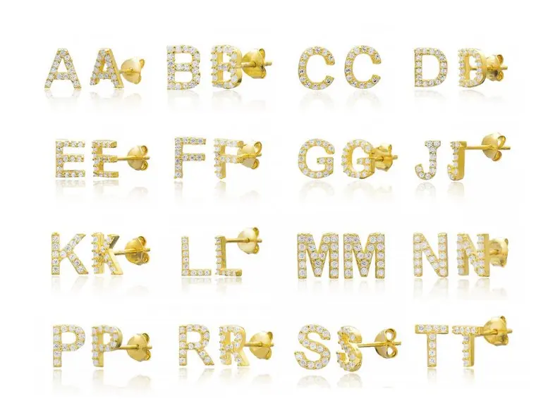 Золото серебро 2 цвета прозрачный cz 26 начальный Шарм Круг Мини 925 стерлингового серебра серьги-гвоздики персонализированные имя буквы Алфавит earr