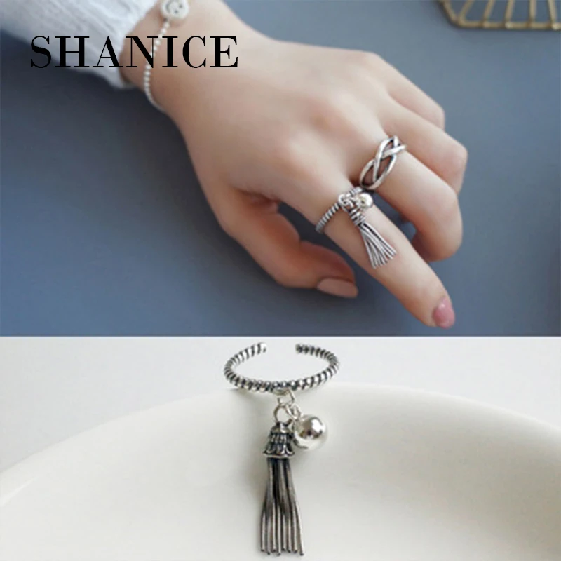 SHANICE 925 пробы серебряные открытые кольца ретро твист кисточкой Висячие бусины Регулируемые кольца на палец корейский стиль серебряные ювелирные изделия