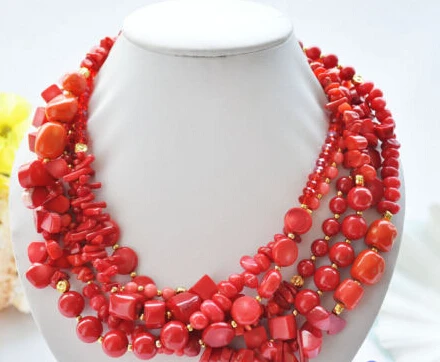 

Hot sell Noble- FREE SHIPPING>>@> A344 5row 20" red cube & melon seeds & baroque & coin coral crystal necklace