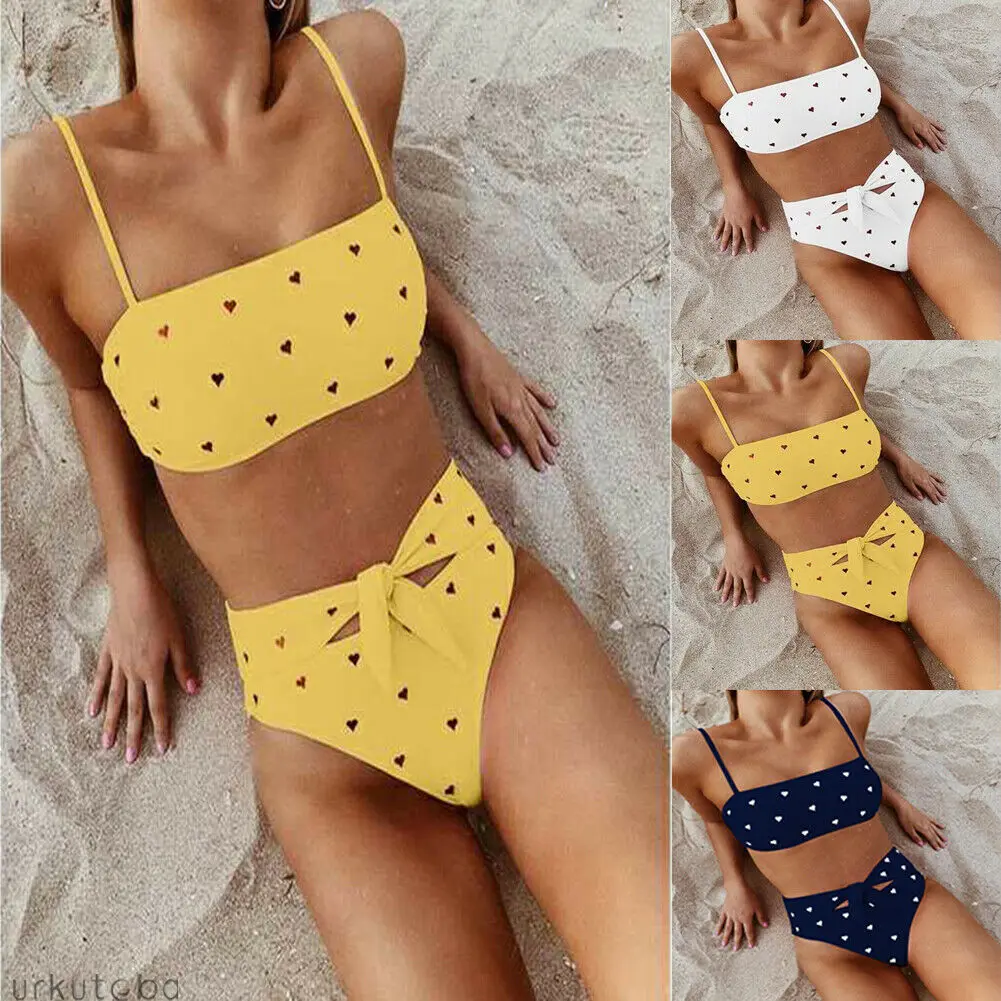 Women High Waist Push-up Heart-shaped Print Bra Bikini Set Swimsuit Swimwear | Спорт и развлечения