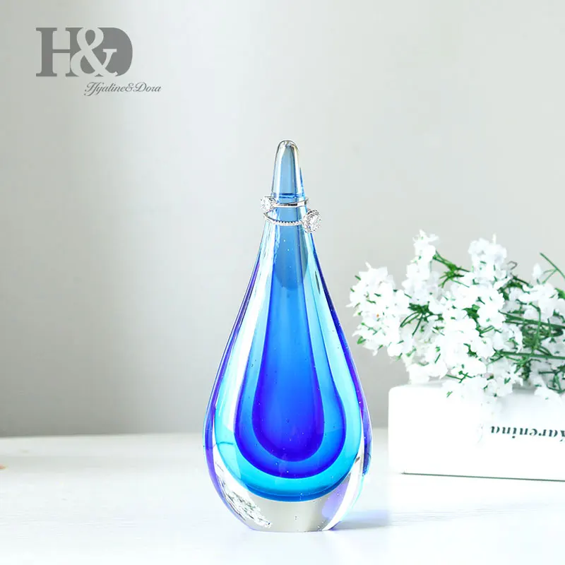 H&D 6.6'' Handblown Glass Water Droplets Ornament Art Modern Figurine Office Table Decor Ring Holders Paperweight,Light Blue