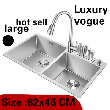 Online Free Shipping Apartment Kitchen Manual Sink Double Groove Multifunction Do The Dishes 304 Stainless Steel Hot Sell Big 82x46 CM