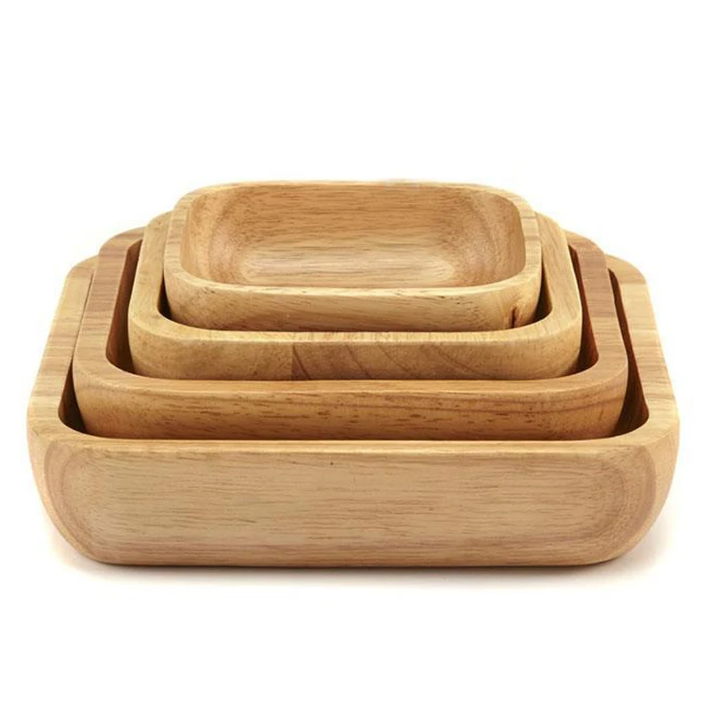 Квадратный Деревянная миска 4 размера набор салатниц большой маленький деревянная доска снэк-сервировка десерта блюда еда контейнер деревянные столовые приборы