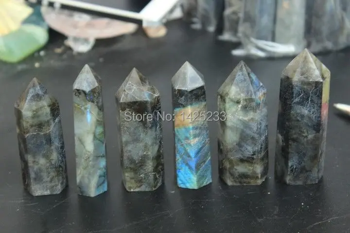 

6pcs natural   labradorite  quartz crystal point wand free-shipping(8-6)cm