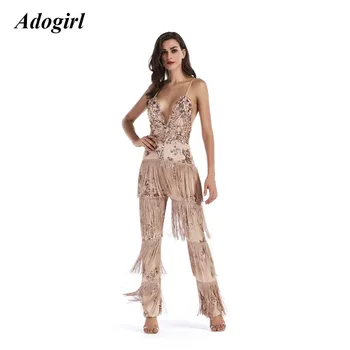 

Adogirl Elegant Sequin Tassel Backless Jumpsuit Women Sexy V Neck Spaghetti Strap Bodycon Women Jumpsuit Evening Party Ovrealls