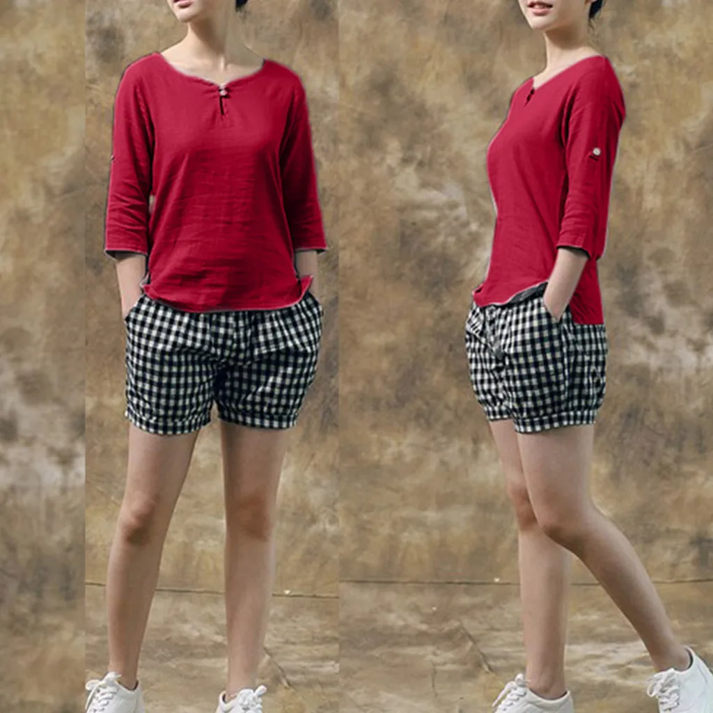 Women's shirt  2019 Women's Round Neck Cropped Sleeves Cotton And Linen Shirts Solid Color Loose
