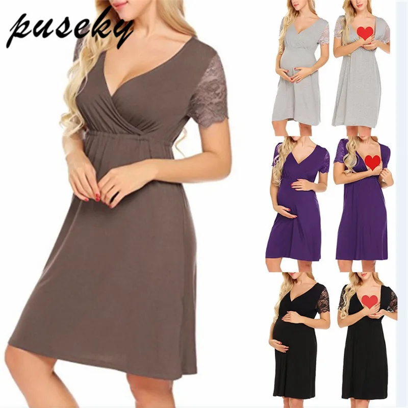 

Puseky 2018 Spring Summer Pregnancy Clothes Dress Deep V Neck Lace Short Sleeve Maternity Dresses for Plus Size Women
