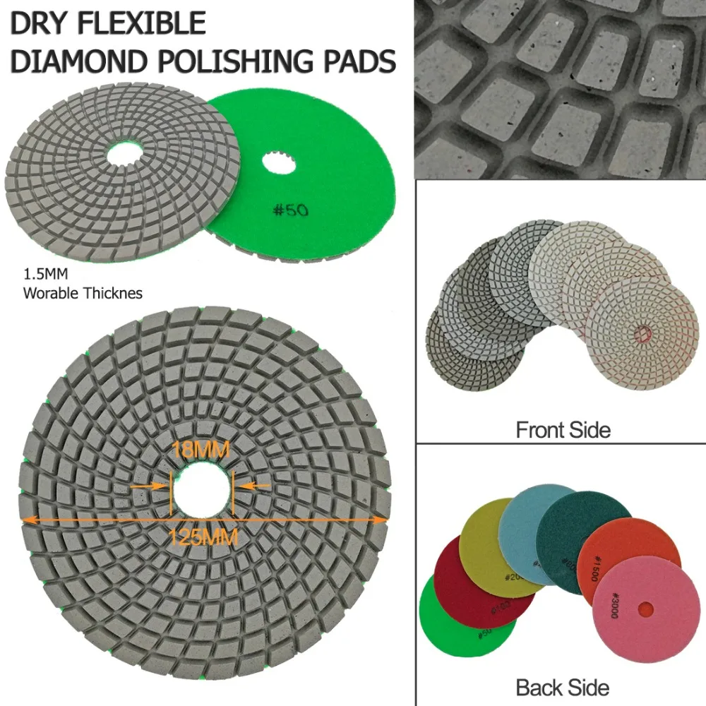 6PK 5" #3000 Diamond flexible Wet polishing pad for stone, Sanding discs for granite, Spiral type Diameter 125mm