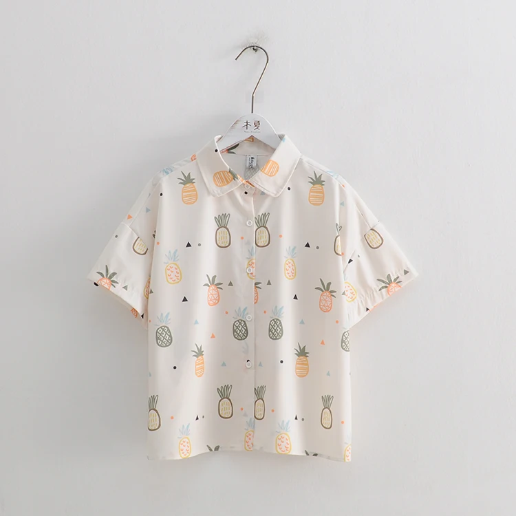 

Japanese preppy style pineapple print short-sleeved shirt girl loose blouse