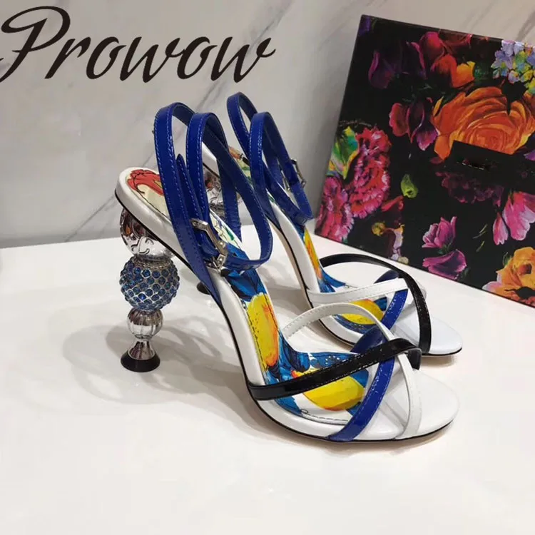 

Prowow New Genuine Leather Printed Floral Summer Sandals Open Toe Buckle Strap Crystal Ball HIgh Heel Sandals Shoes Women