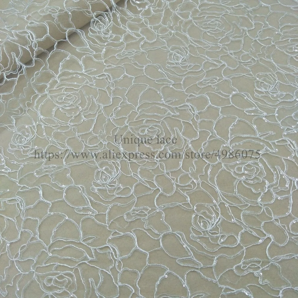 

Fashion sequins lace fabric thin floral embroidery french ivory dress lace fabric 130cm width