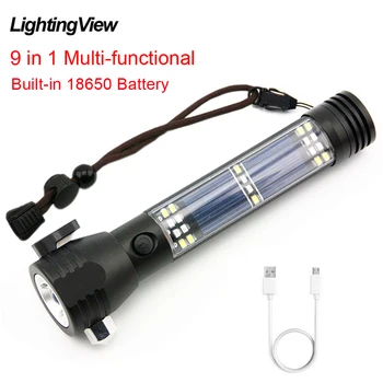 

Lightingview Solar LED Flashlight 9 in 1 Multi-Function Safety Hammer Torch Light With Power Bank Magnet Survival Tool Emergency