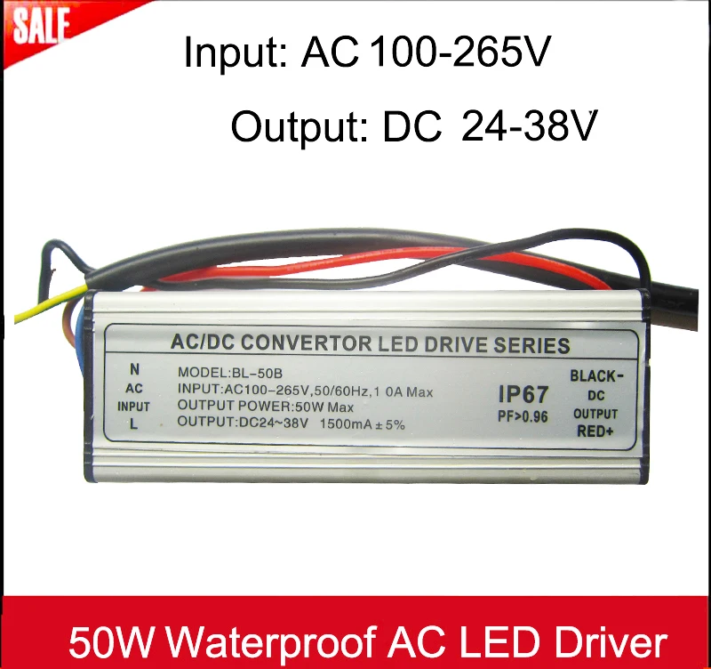 1pcs High Power 50W Waterproof Input AC 100 265V Output DC 24 38V