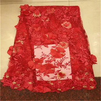 

Latest African Lace 2019 beads High Quality 3d Friend red Lace Fabric Embroidery Nigrian Bridal Wedding Lace Fabric For 5yards