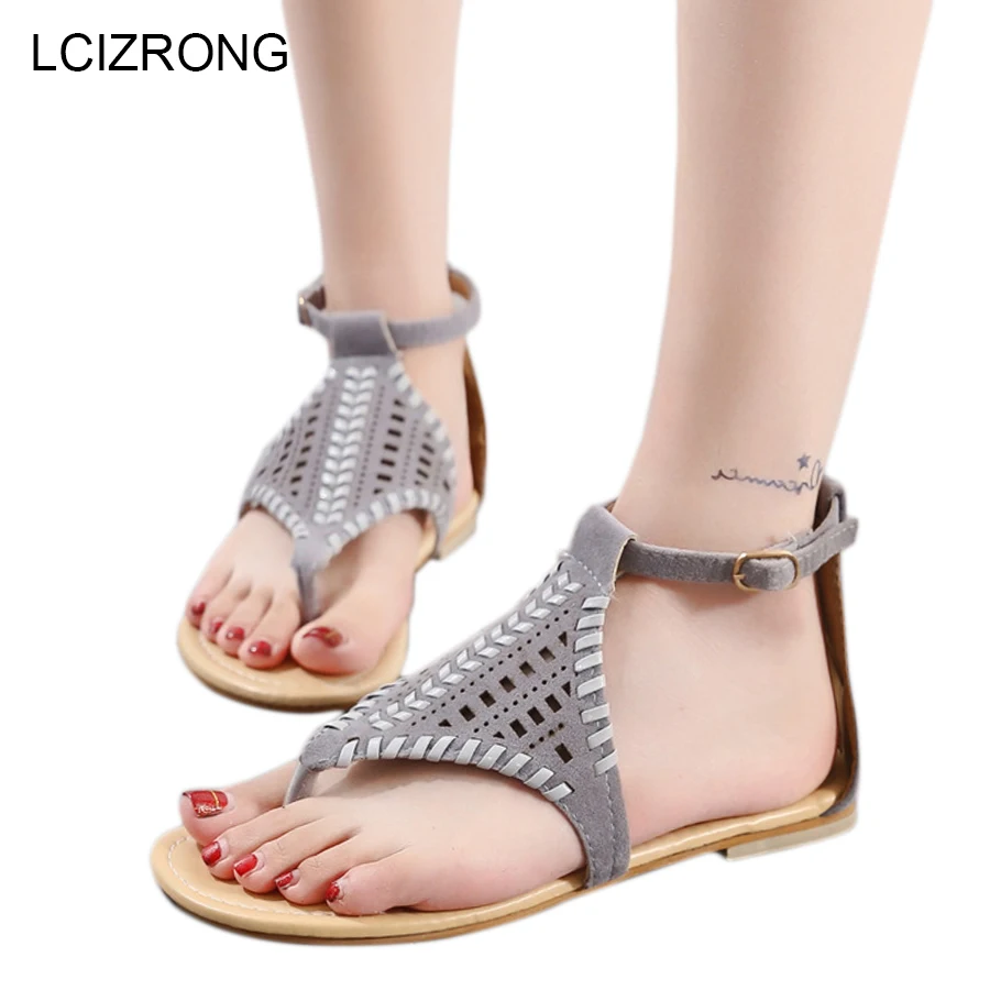 

LCIZRONG Summer Gladiator Flock Flat Sandals Women 34-43 Large Size Fashion Beach Clip Toe Weave Shoes Bohe Slip-On Black Sandal