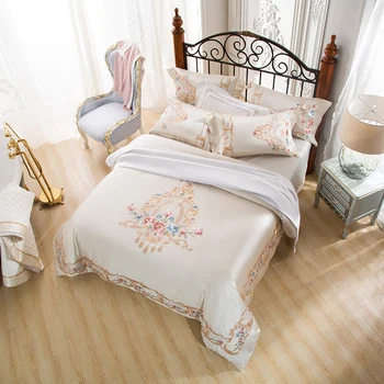 

Chic Embroidery Satin Cotton Duvet cover Luxury Bedding set Silky Ultra soft Cotton Bed Sheet Pillow shams King Queen size 4Pcs