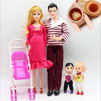 

Colorful 5 People Family Dolls Suits 1 Mom /1 Dad /1 Little Kelly Girl /1 Baby Son/1 Baby Carriage Real Pregnant Doll Gifts