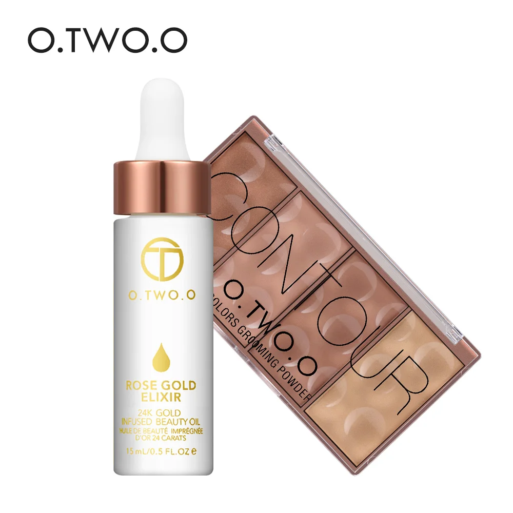O.TWO.O 2pcs/set Face Make up 24k Rose Gold Elixir Skin Make Up Essential Oil +Contour Bronzer Blush Shading Face Powder Contour