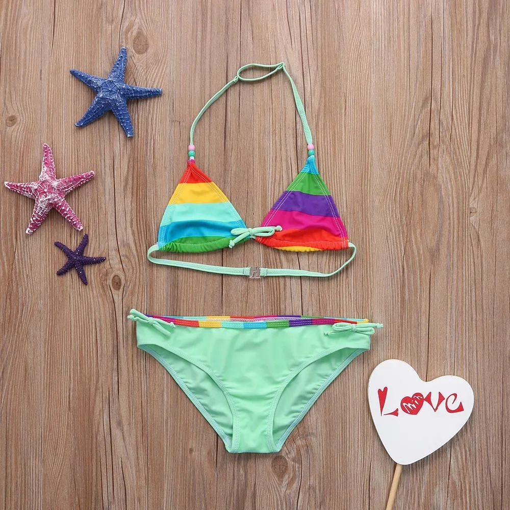 

New Infant Kids Children Color Striped Bikini Set Swimsuit Girls Two Pieces Swimwear Bathing Bikini Set Outfits AP2