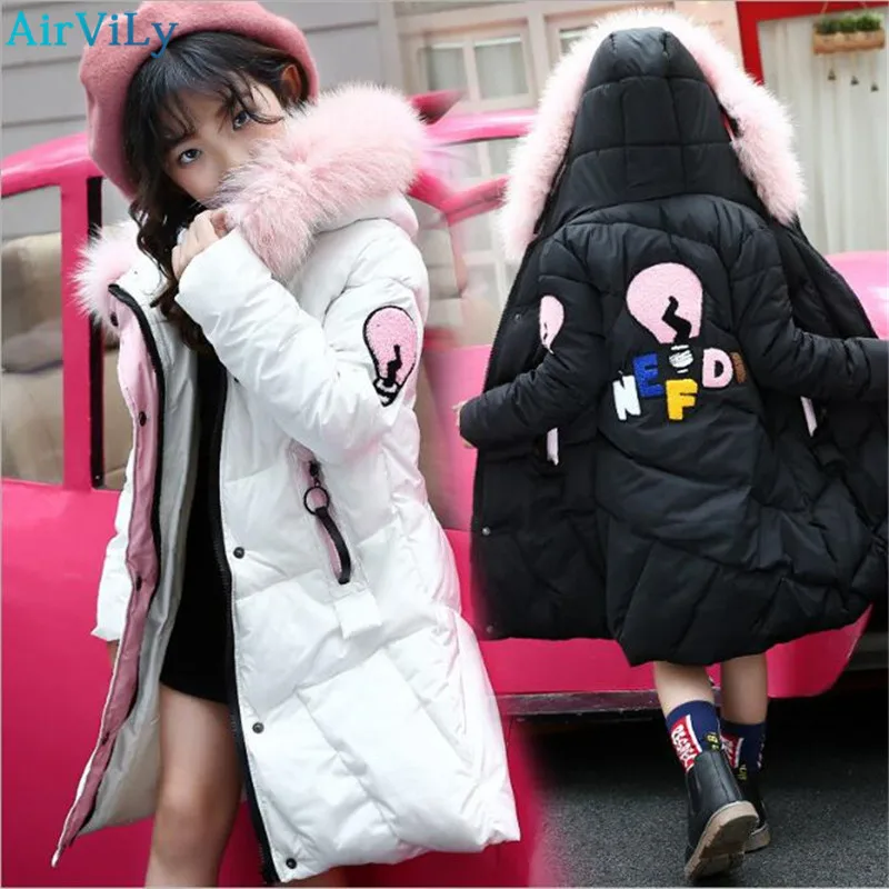 

High Quality Girls Down Jackets 2018 Winter Thicken Fur Collar Hooded Children Down Coats Outerwear Overcoat Parkas 4-14