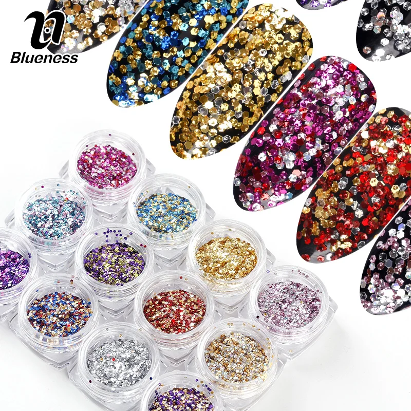 

Blueness 12Boxes/Set Glitter Mix Colorful Hexagon Sequins Design Manicure Acrylic 3D Nail Art Decoration Supplies DIY Tips ZP348