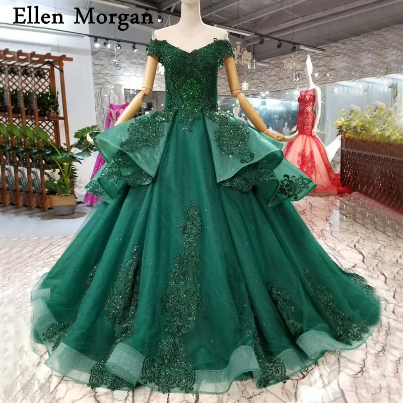 

Vintage Dark Green Ball Gowns Wedding Dresses for Women Lace Beaded Floor Length Custom Made Off Shoulder Bridal Gowns 2019