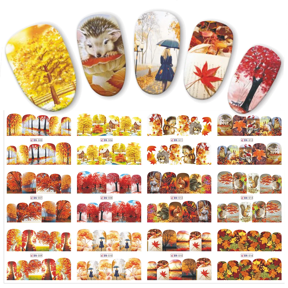 

12pcs/set Autumn Style Yellow Red Maple Leaf Labels Sticker Water Transfer Nail Art Stickers Nails Decals JIBN405-516