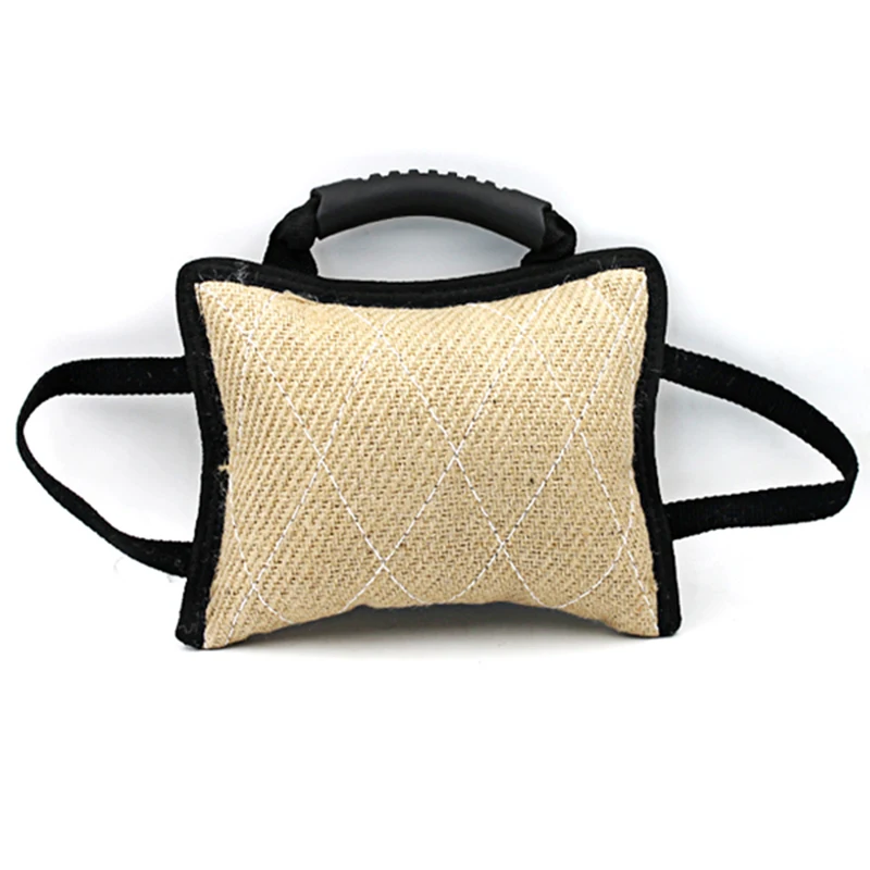 

Durable Dog Training Bite Tug Toy with 3 Handles Jute Linen Bite Pillow