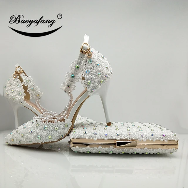 White Women Wedding Shoes With Matched Purse | High Heel Shoes
