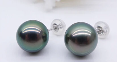 

hj 00460 natural 10-11mm tahitian round black green pearl stud earrings 14k A0422