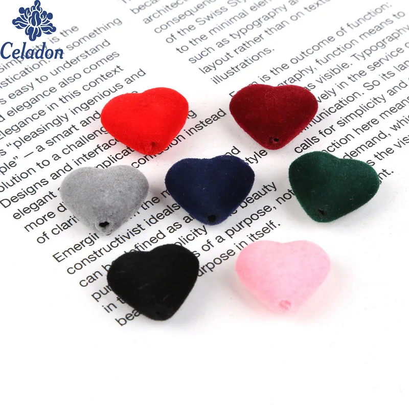 

23x18mm Heart Shape Acrylic Velvet Beads Charm For Handmade Sewing Accessories Many Color Selectable BSD347