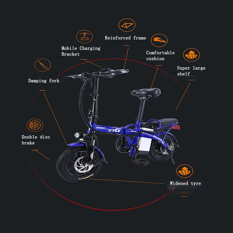 Top 14 inch foldable mountain bike lithium electric 48v 20A 250w e bike  brushless motor adult electric bicycle 60-70 km 1