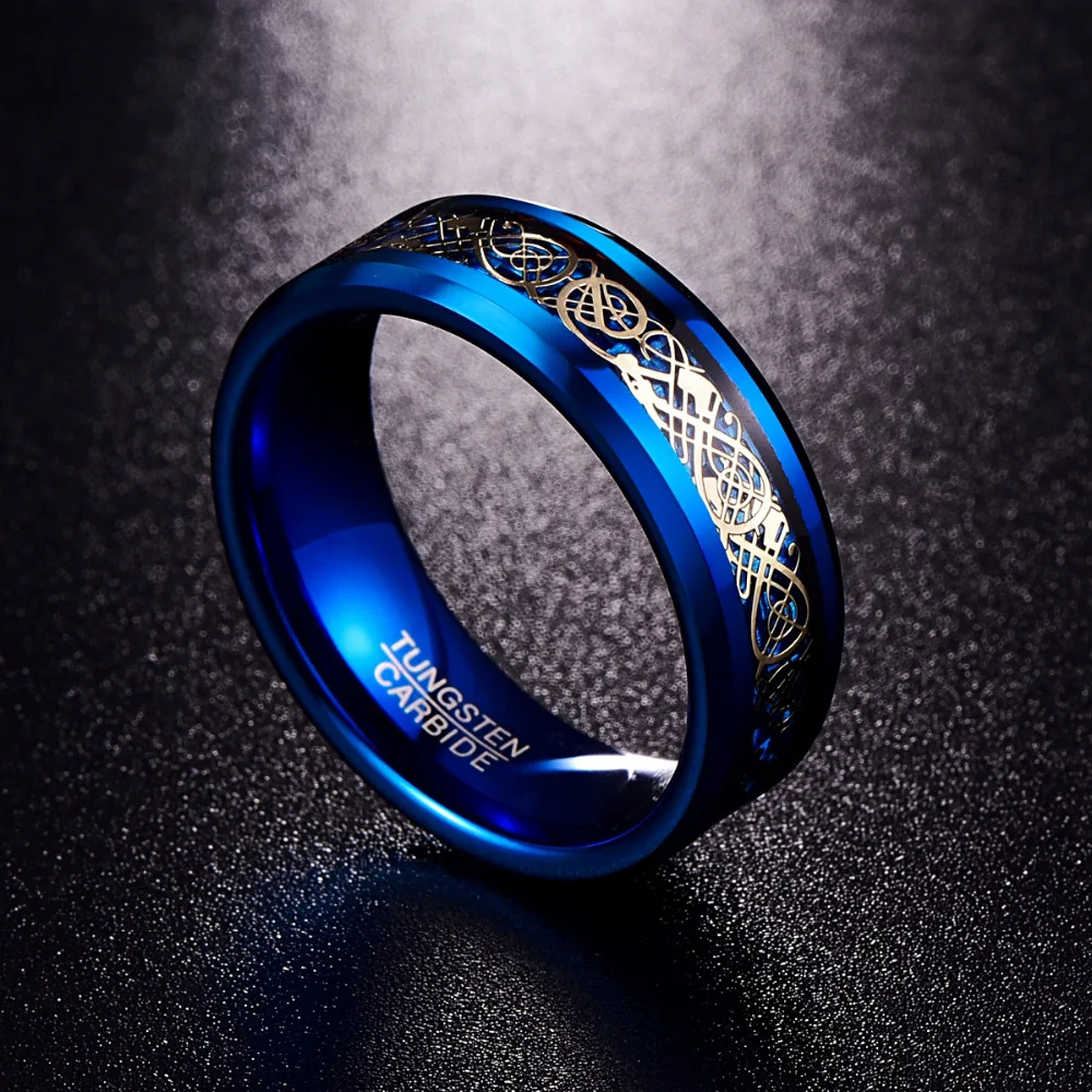 Nuncad Мужская 8 мм синий вольфрам карбид обручальное кольцо кольца золото кельтский Дракон синий углеродное волокно скошенный край