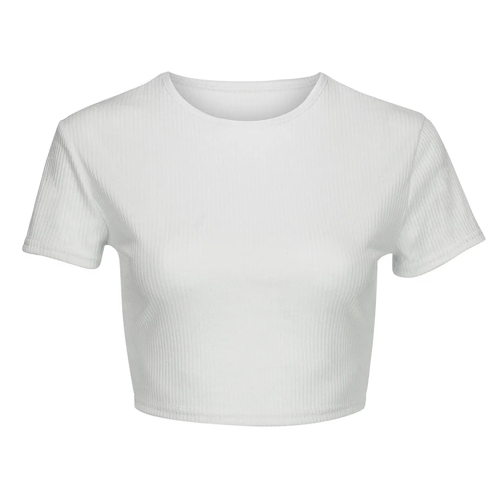 Сексуальная модная женская короткая рубашка, Повседневная Однотонная футболка с коротким рукавом и круглым вырезом, летняя футболка, горячая Распродажа, сексуальный топ с пупком - Цвет: White