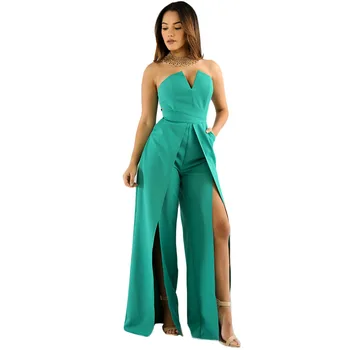 

Fashion Sexy Nightclub Green Jumpsuit Women Bodycon Girls Romper Strapless Streetwear Slit Long Jumpsuits Backless Solid Slim