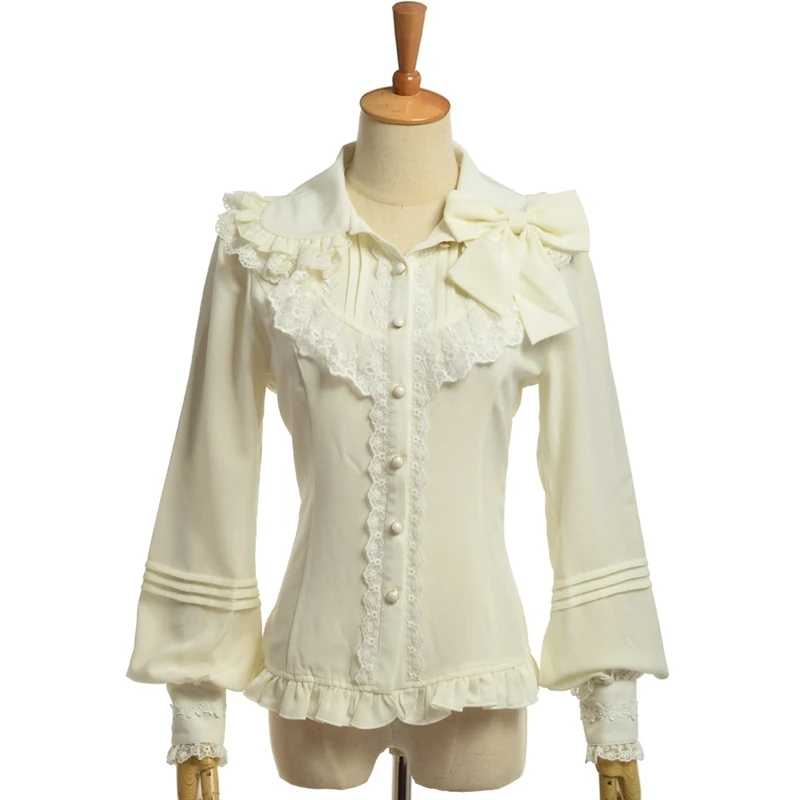 ߼  丮 ̽ 콺  Ƽ θŸ  Vestido Bow ShirtBow/Medieval Women Victorian Lace Blouse Sweet Vintage Lolita Chiffon Vestido Bow ShirtBow