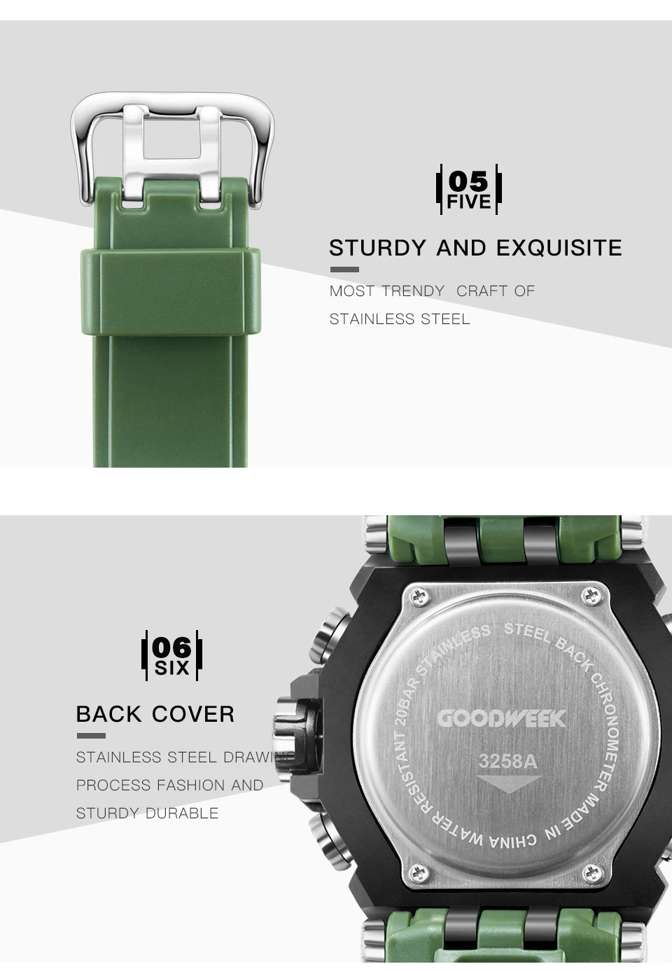 GOODWEEK Luxury Men Sport Watch Waterproof Digital Quartz Watches Men's Multi-functional Dual Display Watches Relogio Masculino