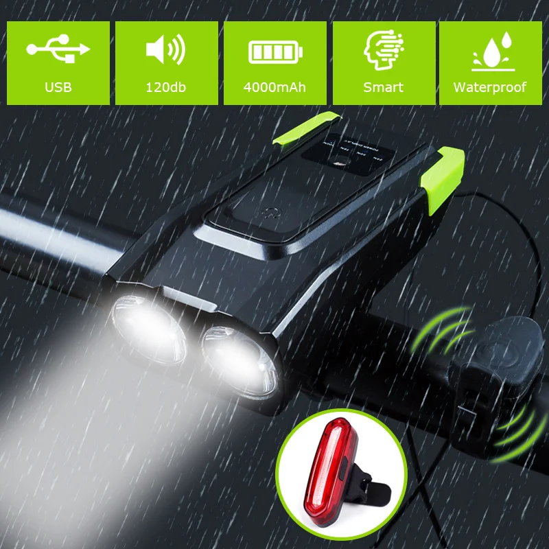 

4000mAh Smart Induction Bicycle Headlight Set USB Rechargeable Front Light Cycling Electric Horn Bell Bicycle Lamp FlashLight