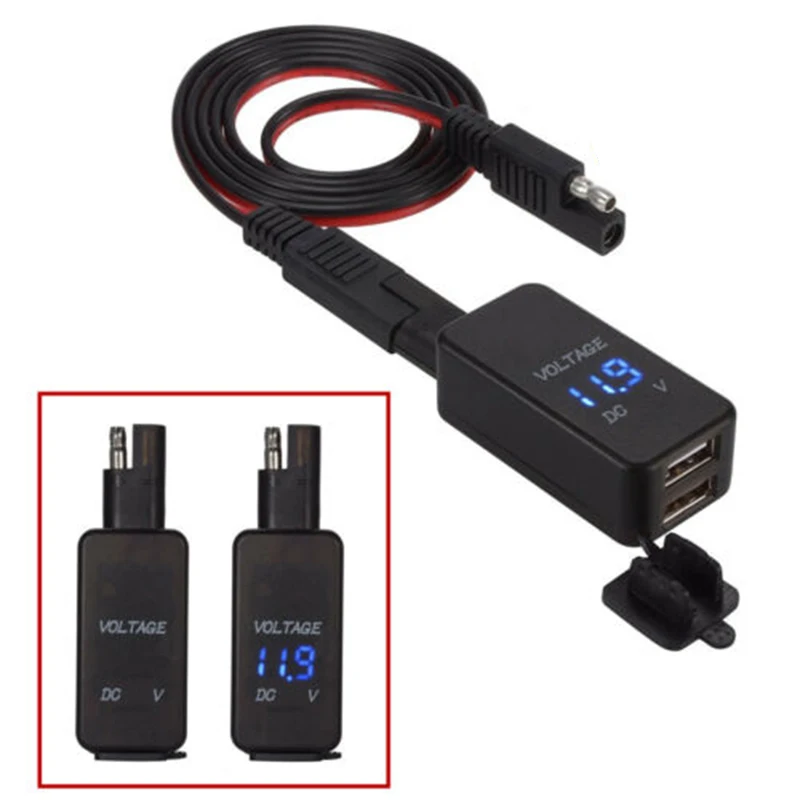 Waterproof 12V Motorcycle SAE to USB Adapter W/ Voltmeter ABS Motorcycle Quick Disconnect Plug w/ Dual USB Charger Inline Fuse