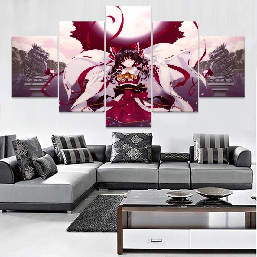 

Modern Artworks Anime Touhou 5 Panel Reimu Hakurei Modular Poster Home Decorative Wall Art Picture Canvas HD Printed Painting