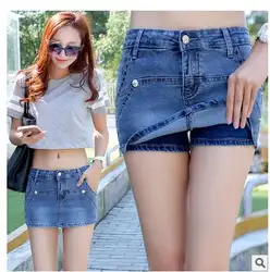 Женские летние Джинсовые шорты плюс Размеры анти опустели поддельные два брюки Джинсы для женщин короткий женский Повседневное Short Femme