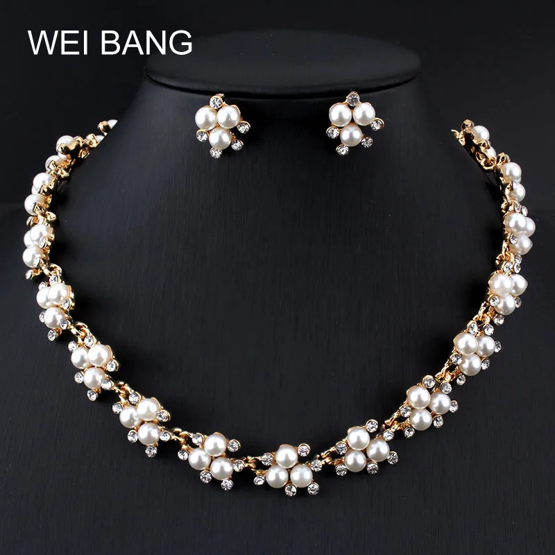 

Charming Bridal Jewelry Sets Pearl Gold color Earrings Necklace Set Rhinestone Women Gift Jewelry For Wedding Accessories
