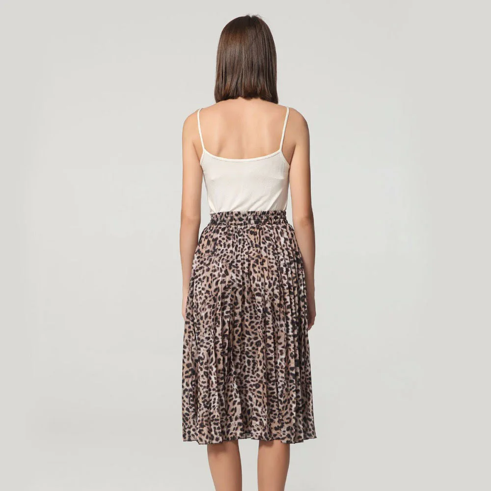 Новая женская винтажная юбка Леопардовый принт плиссированная миди Faldas Mujer женский эластичный пояс пояса шикарные женские юбки до середины икры