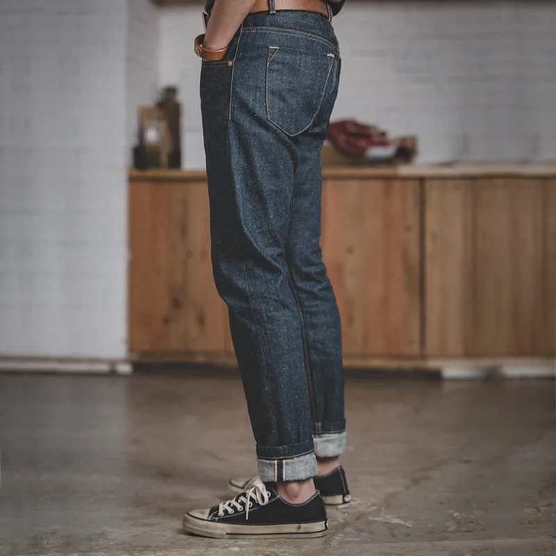 MADEN Men’s Vintage Regular Fit Straight Leg Unwashed Selvedge Denim Jeans 