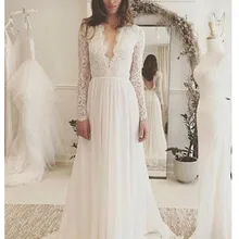 Свадебное платье с длинными рукавами белого цвета и цвета слоновой кости, кружевной топ, а-силуэт, сексуальное романтическое сексуальное свадебное платье с глубоким v-образным вырезом